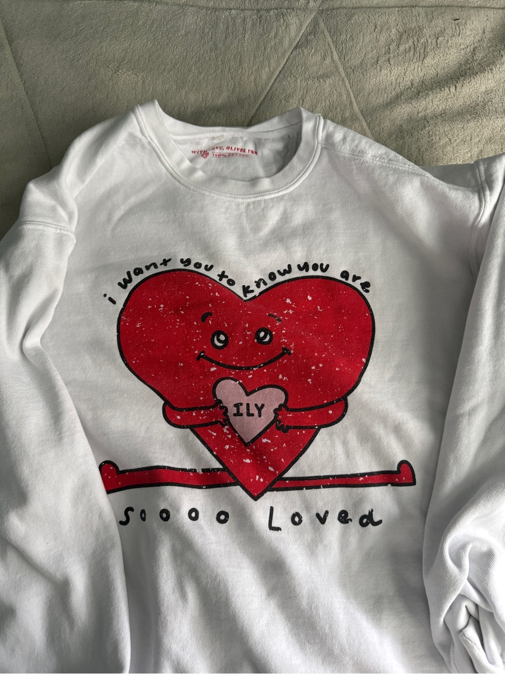 White Sweatshirt with Red Heart Graphic - ILY